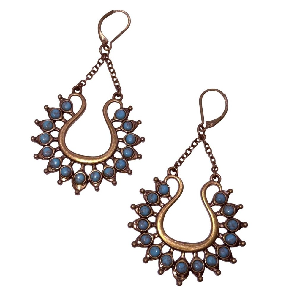 Vintage Faux Turquoise Dangle Earrings, Antique Gold Brass Boho Hoop Design, 2.7